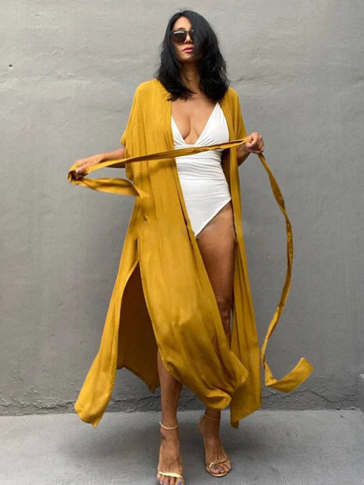 Swimsuit Cover Ups for Women Beach Cape Tunic Kimono Summer Belted Split Wrap Dresses Pareo Holiday Bathing Suits Factory Supply - Matrix Studios
