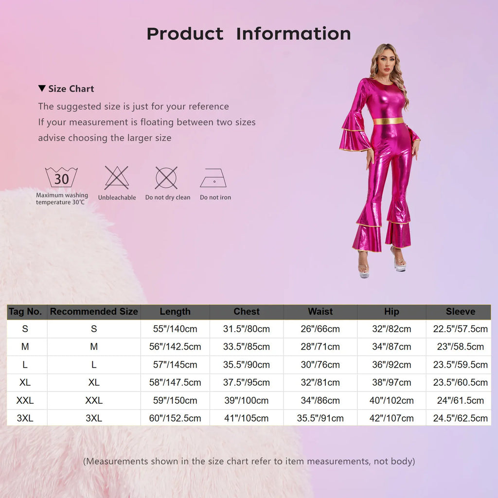 Womens 70S Disco Vintage Jumpsuit Metallic Shiny Flare Sleeve Bodysuit Hippie Bell Bottom Jazz Dance Carnival Rave Party Costume - Matrix Studios