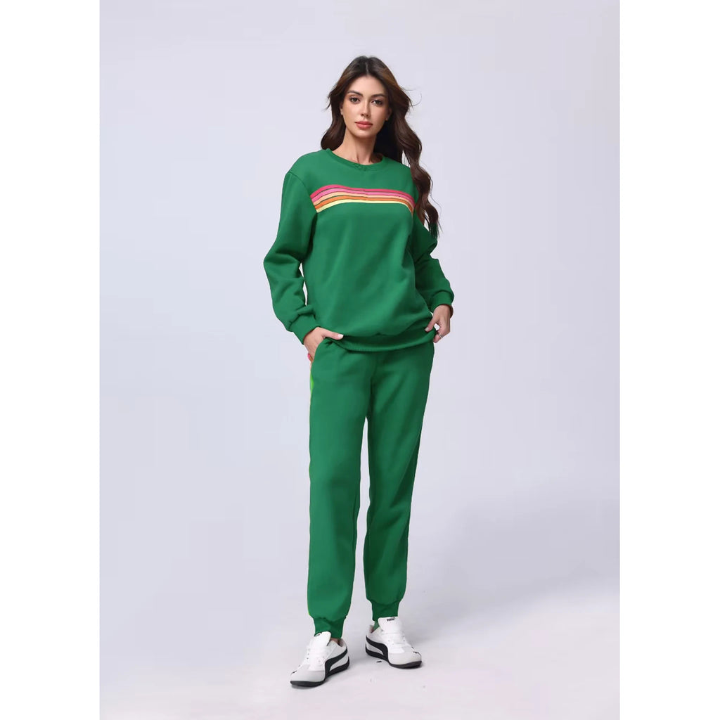 Women's 2 Piece Outfits Rainbow Stripe Sweatsuit Set Long Sleeve Crewneck Sweatshirt Pullover Top & Jogger Pants with Pockets Soft Casual Loungewear Tracksuit Oversized Relaxed Fit Matching Set for Fall Winter Streetwear