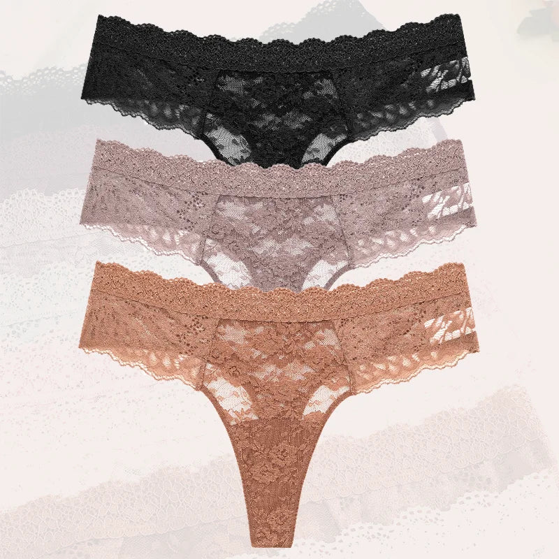 3Pcs Lace Sexy Thongs Women Low-Rise Briefs Sexy Soft Ladies Underwear Trendy Floral Underpants Female Flowery Panty Lingerie - Matrix Studios