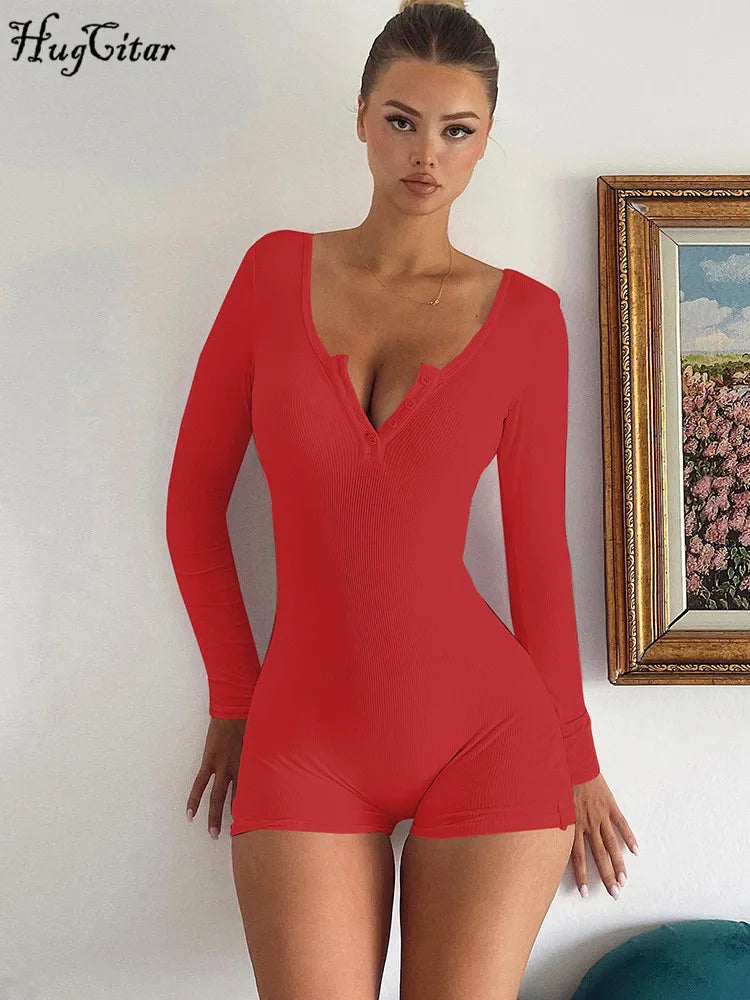 Hugcitar Spring Ribbed Solid Square Collar Long Sleeve Buttons Sexy Bodycon Skinny Playsuit Women Casual Romper Streetwear Sport - Matrix Studios