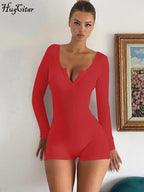 Hugcitar Spring Ribbed Solid Square Collar Long Sleeve Buttons Sexy Bodycon Skinny Playsuit Women Casual Romper Streetwear Sport - Matrix Studios