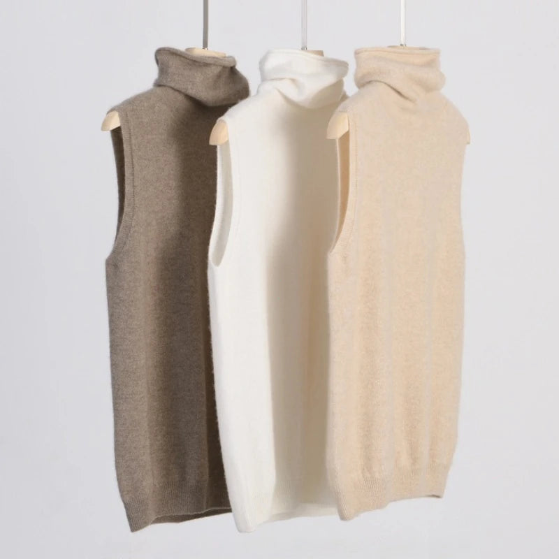 Women 100% Merino Wool Sleeveless Pullovers Turtleneck Sweater Waistcoat Wool Knitwear Spring Autumn Winter Fashion Vest Tops - Matrix Studios