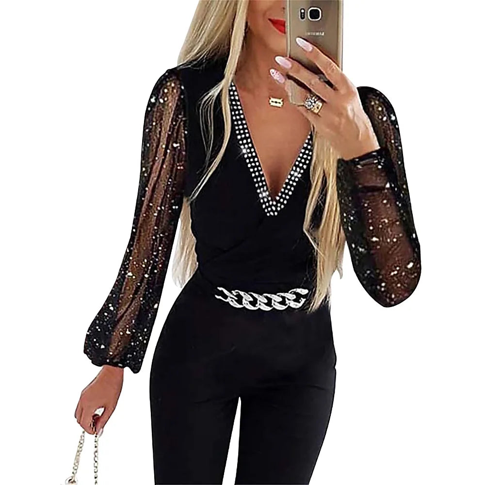 Jumpsuits Women One Piece V Neck Full Sleeve Tight High Waist Overalls Casual Sheath Long Pencil Pants Rompers Slim Fit Y2k - Matrix Studios