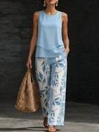 Women Vacation Two‑Piece Set, Sleeveless Square Neck Tank Top + Leaf Print Wide Leg Pants, Casual Loose Summer Matching Co‑Ords