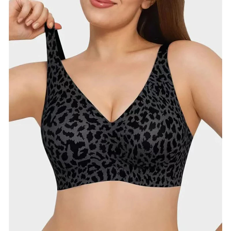 Women's Seamless Pink Leopard Print Bra Wire-Free Bra Full Cup Soft Thin Mold Support Jelly Beauty Breathable Deep V Push Up Bra - Matrix Studios