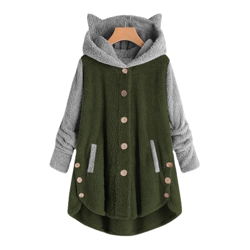 Cat Print Long Hoodies Sweatshirt Women Fleece Warm Button Pocket Pullovers Cat Ear Plus Size Hoodie Top Blouse Sweat Femme - Matrix Studios