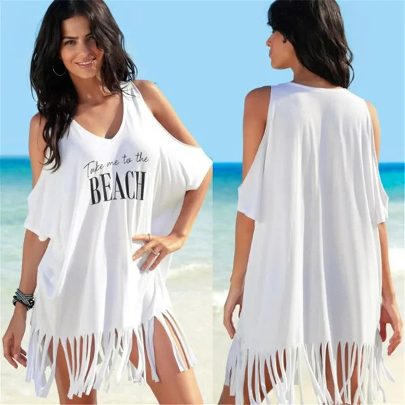 Summer Beach Bikini Cover Up Women White Off Shoulder Kafan Sarong Loose Tops Casual Fringed Shirt Swimwear Beachwear - Matrix Studios