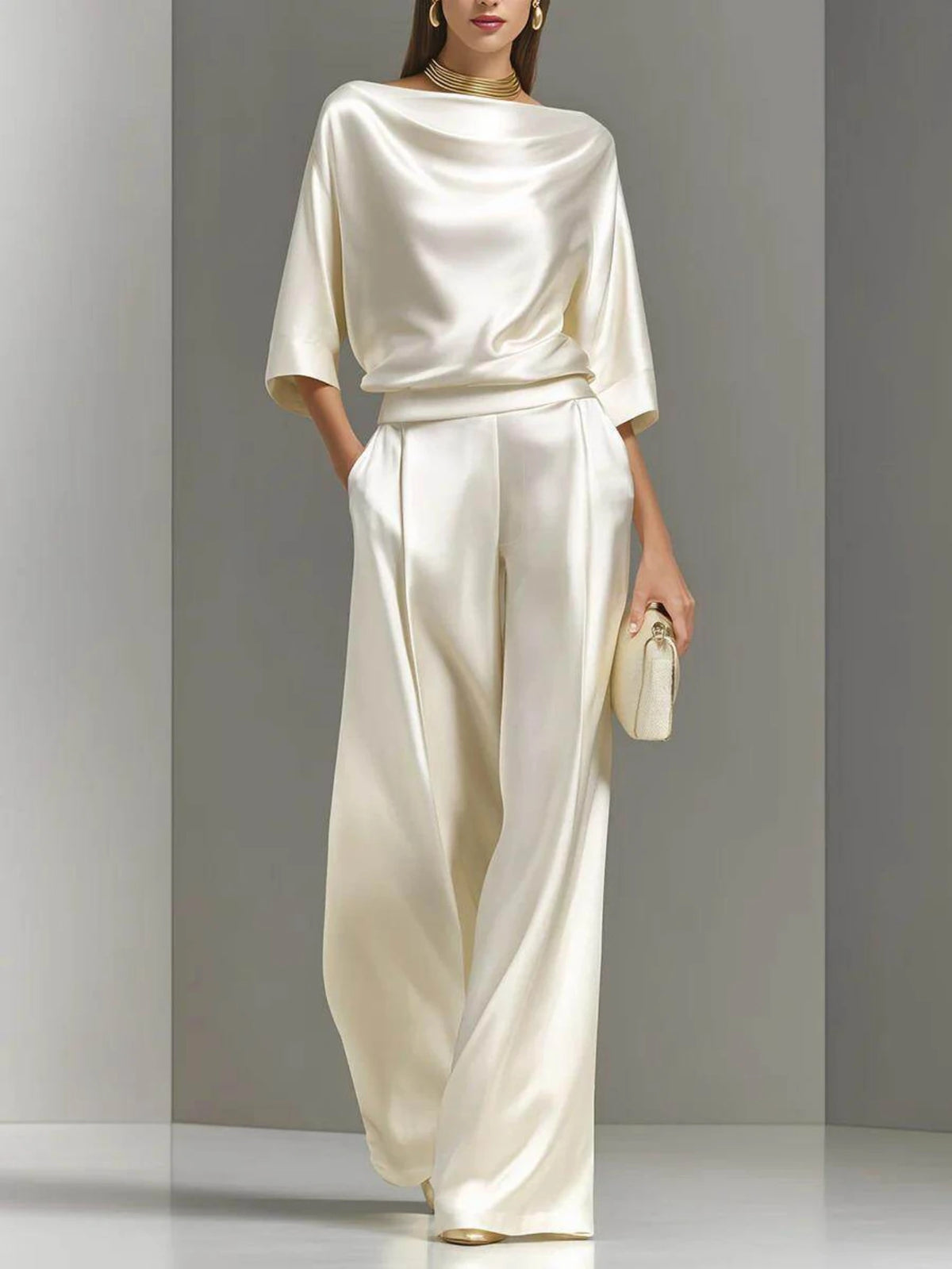 Draped Cowl Neck Half Sleeve Top And High Waist Wide Leg Pants Two Piece Outfit Set With Side Pockets Elegant Formal Matching Suit For Women - Matrix-studios.com