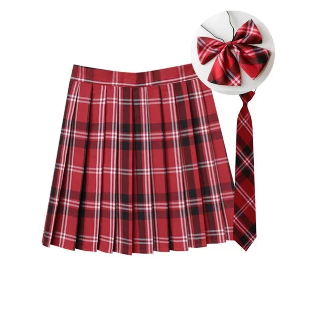 Women Summer Plaid Pleated Skirt With Necktie Bowtie Korean Jk Skirt Uniform Japanese School Preppy A Line Mini Skirts - Matrix-studios.com