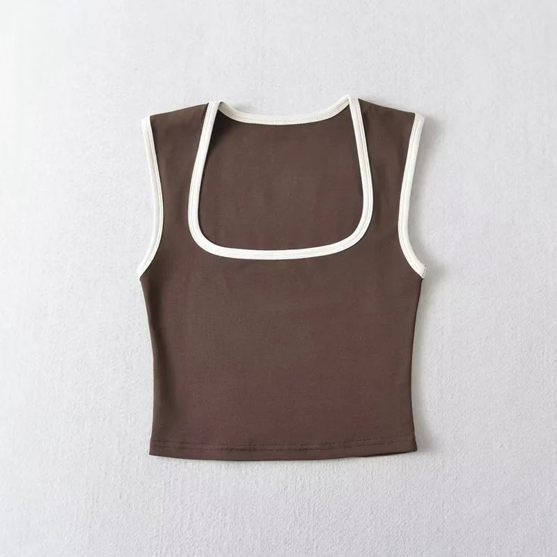 Woman Fashion Slim Solid Contrust Camis Casual Sleeveless Tanks Square Collar Crop Tops Clothing Streetwear Mujer 2024 Y2k - Matrix-studios.com