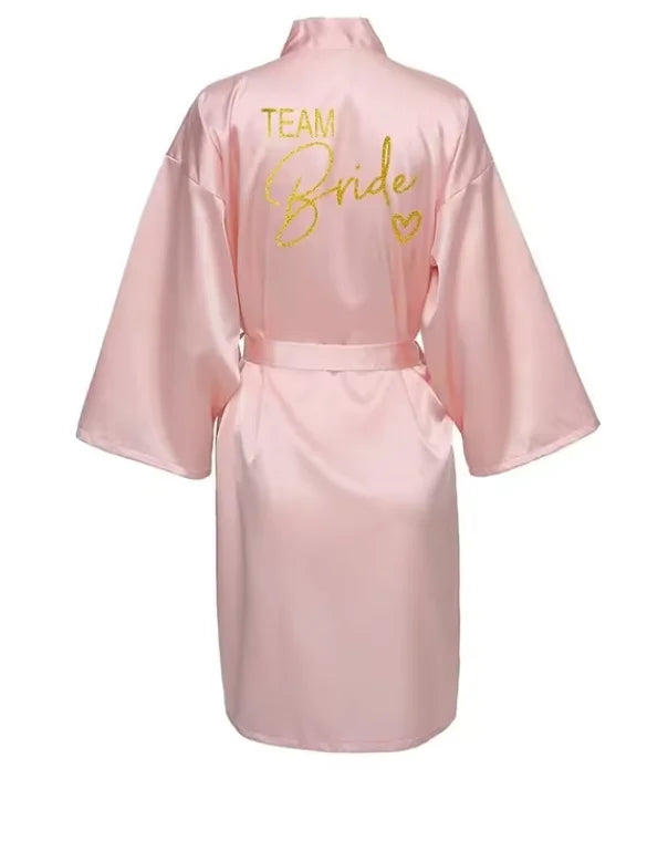 Wedding Party Team Bride Robe Kimono Satin Pajamas Bridesmaid Bathrobe Gold Letter SP089 - Matrix-studios.com