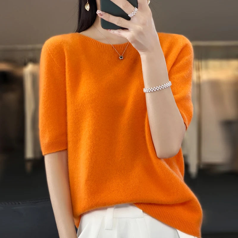 100% Merino Wool Women's O Neck Knitted T-Shirt Korean Pullover Short Sleeve Sweater Women's Basic Solid Color Half Sleeve Women - Matrix Studios