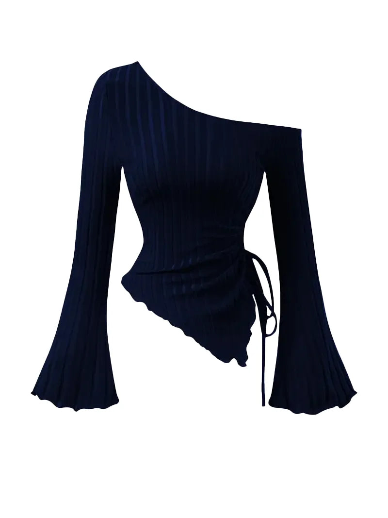 Women's Off-Shoulder Cross Long-Sleeved Slim Fit T-Shirt Asymmetrical Street Style Casual Elegant Top with Trumpet Sleeves - Matrix-studios.com