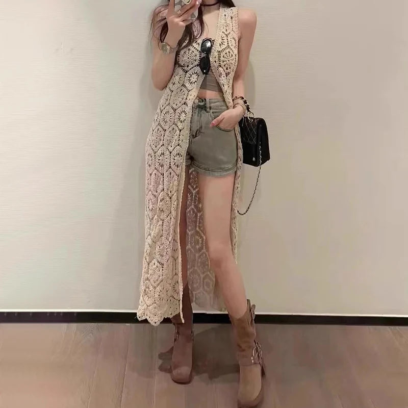 Longline Crochet Cardigan Button Front Sleeveless Sheer Open-knit Long Cover-up Jacket Women Summer Beach Vacation Outfit - Matrix Studios
