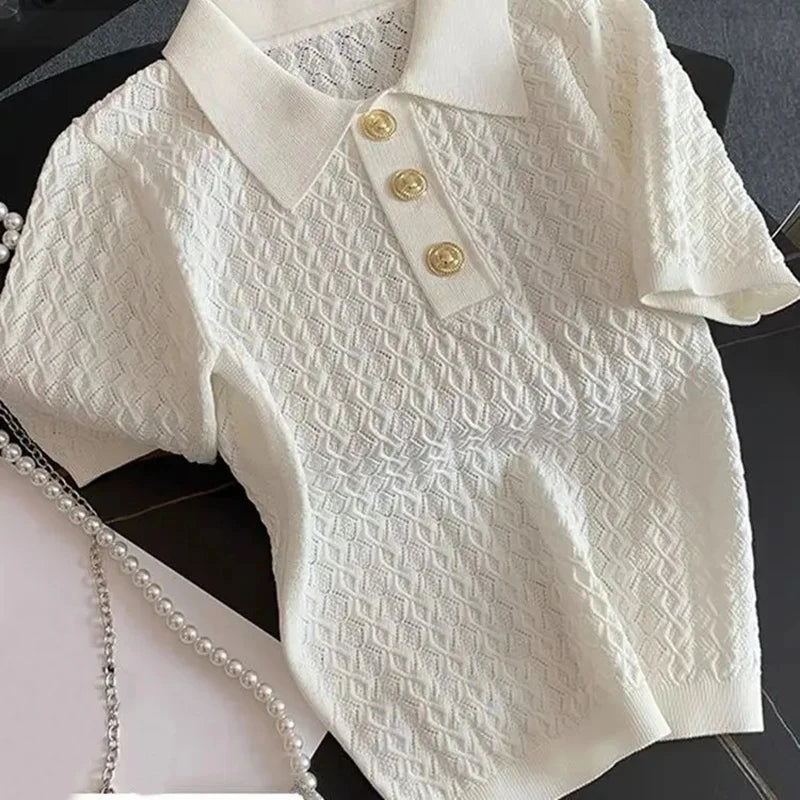 Ice Silk Polo Shirt Knitted Short Sleeve T-Shirt Summer Chic Thin Unique Jacquard Women Tops 2026 Korean Style Women’s Clothing - Matrix-studios.com
