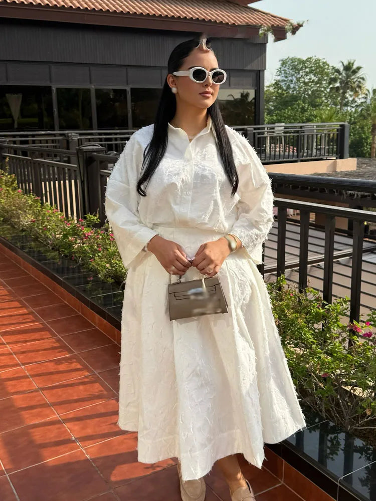 HH Women Tassel Sets White Turn-Down Collar Single-Breasted Shirts+High Waist Zipper A-Line Long Skirts Female Holiday Suit - Matrix-studios.com