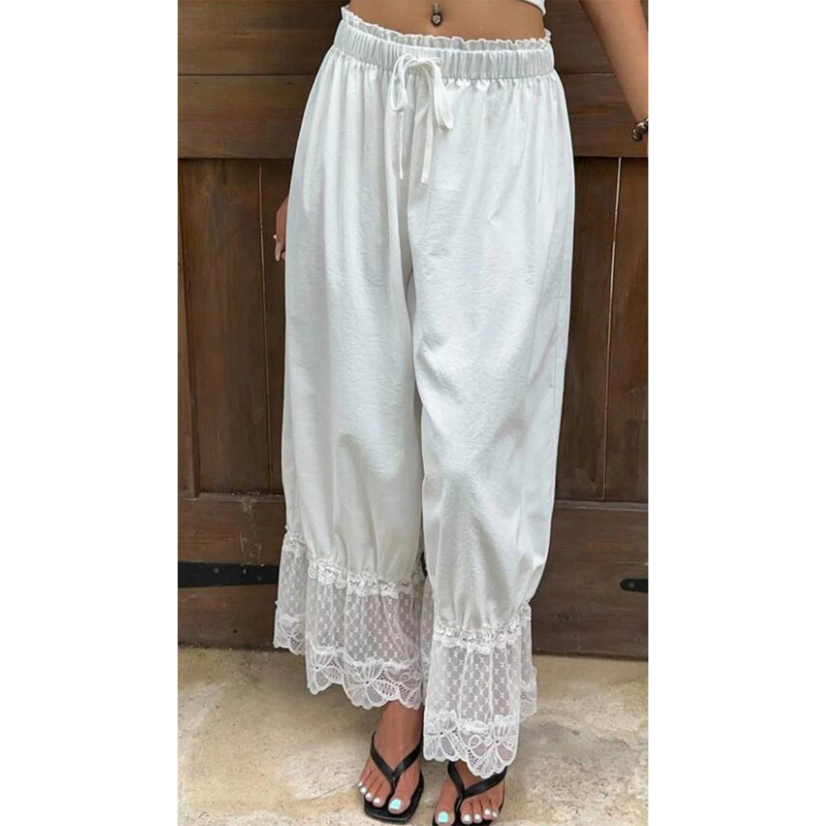 Womens Wide Leg Pants White Polyester Lace Trim Hem Casual Loose Fit Summer Trousers Wide Leg Pants - Matrix-studios.com