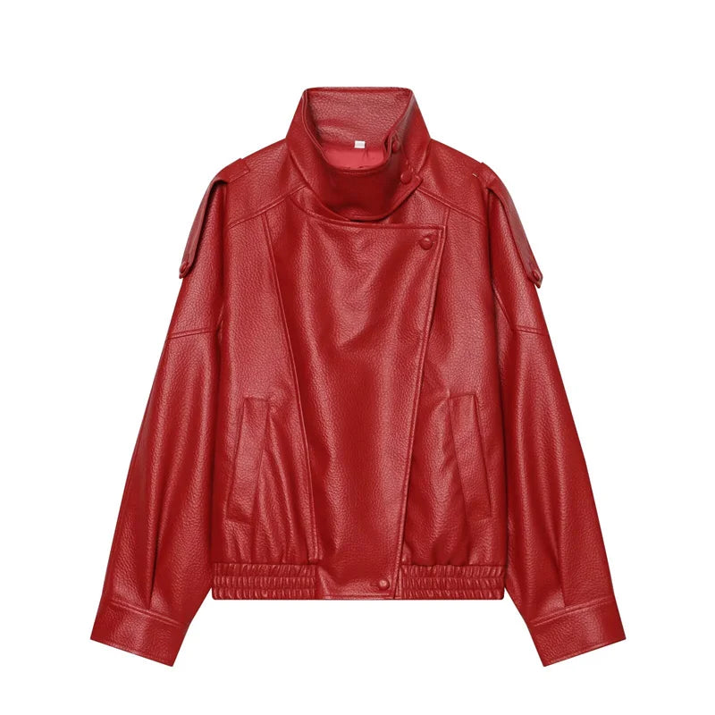 Women's Jacket 2026 Autunm  New Black Long Sleeve Pebble Faux Leather Jacket Motorcycle Style Personality Fashion - Matrix Studios