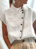 Summer Cotton Short Sleeve Blouse Women 2025 Fashion Button Stand Collar Loose Shirts And Blouses Tops Casual - Matrix-studios.com