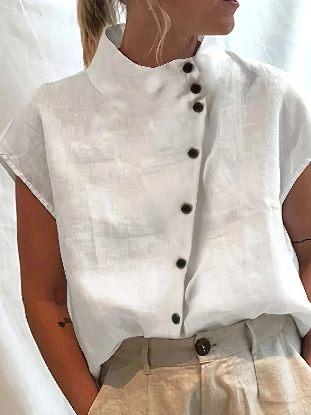 Summer Cotton Short Sleeve Blouse Women 2025 Fashion Button Stand Collar Loose Shirts And Blouses Tops Casual - Matrix-studios.com