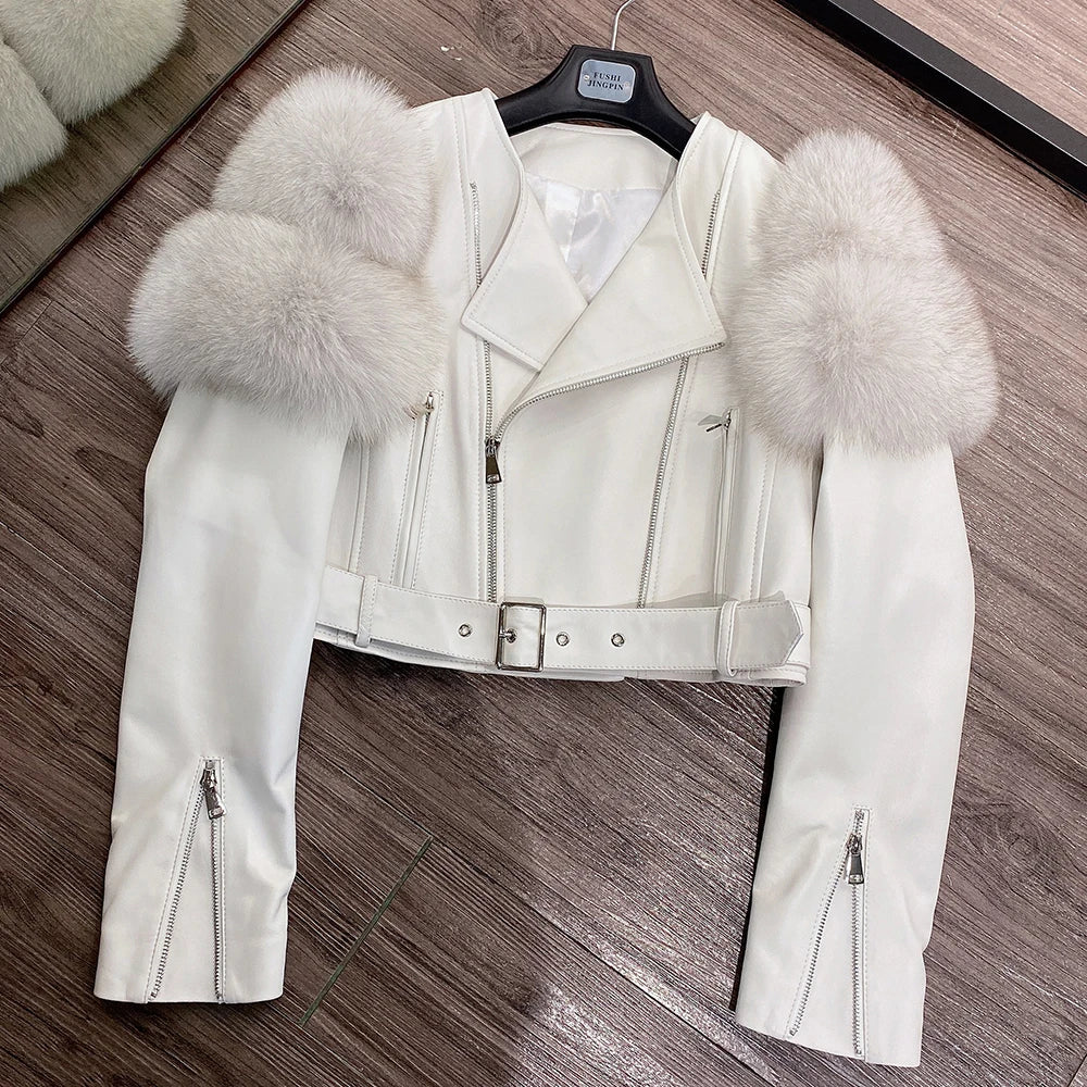 GO BALLISTIC YA Ladies' Genuine Leather Jacket with Fur Sleeve Women's Natural Lambskin Outfit - Matrix Studios