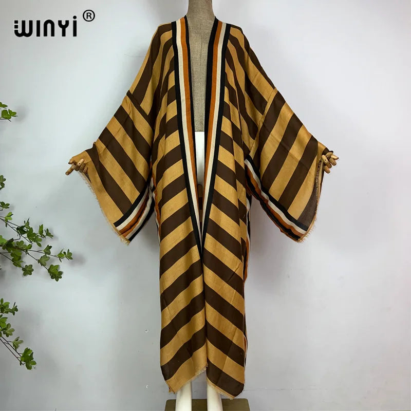 WINYI Kimono Africa Summer Boho Stripe Print Beach Swimwear Elegant Cardigan Sexy Holiday Maxi Beach Wear Swimsuit Evening Dress - Matrix Studios
