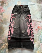 American Retro Streetwear Y2K Gray Printed Loose Jeans Hip Hop Harajuku Casual Washed Distressed Straight Floor Mopping Pants - Matrix Studios