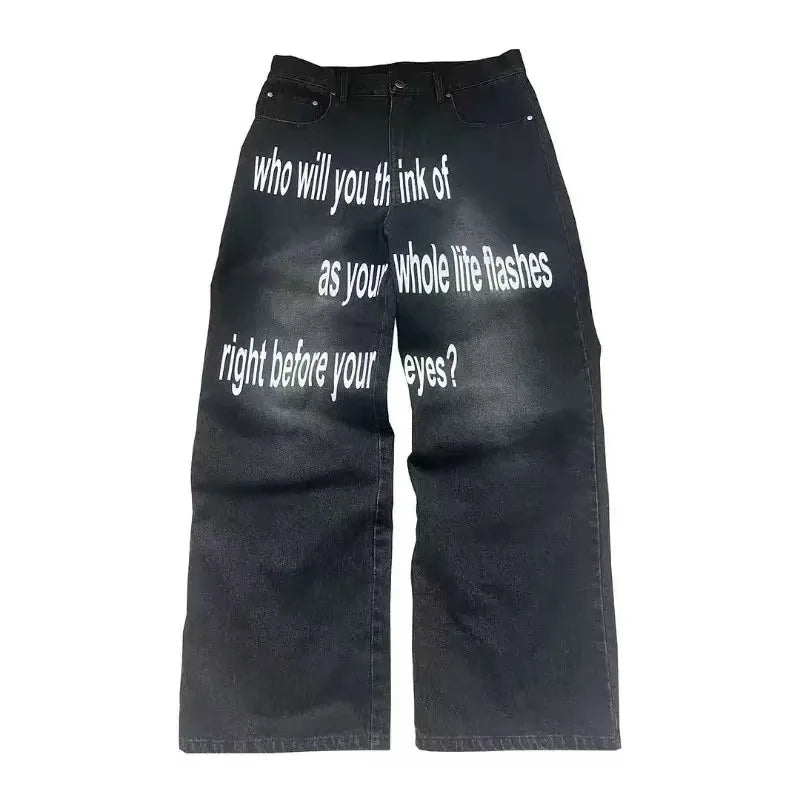 Deeptown Vintage Letter Print Women Man Jeans Y2k Harajuku Washed Wide Leg American Style Denim Pants Baggy Hip Hop Streetwear - Matrix-studios.com