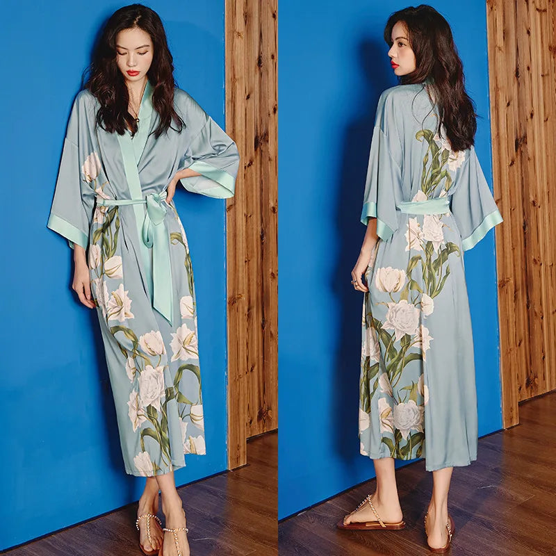 Print Flower Long Kimono Bathrobe Gown Sexy Women Half Sleeve Wedding Robe Nightgown Spring Summer Rayon Home Dress Sleepwear - Matrix-studios.com