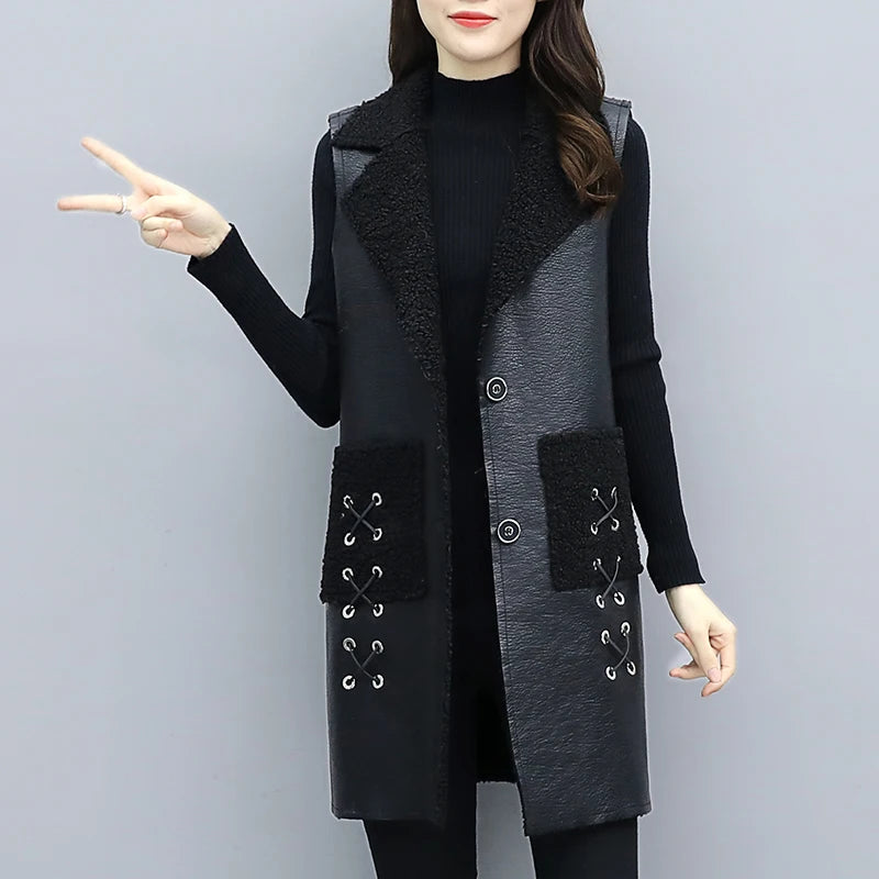 Autumn Winter Fur Leather Vest Coat Long Lambwool Sleeveless Jacket Thick Velvet Warm Waistcoat Large Size Women Fur Vest L-5XL - Matrix Studios