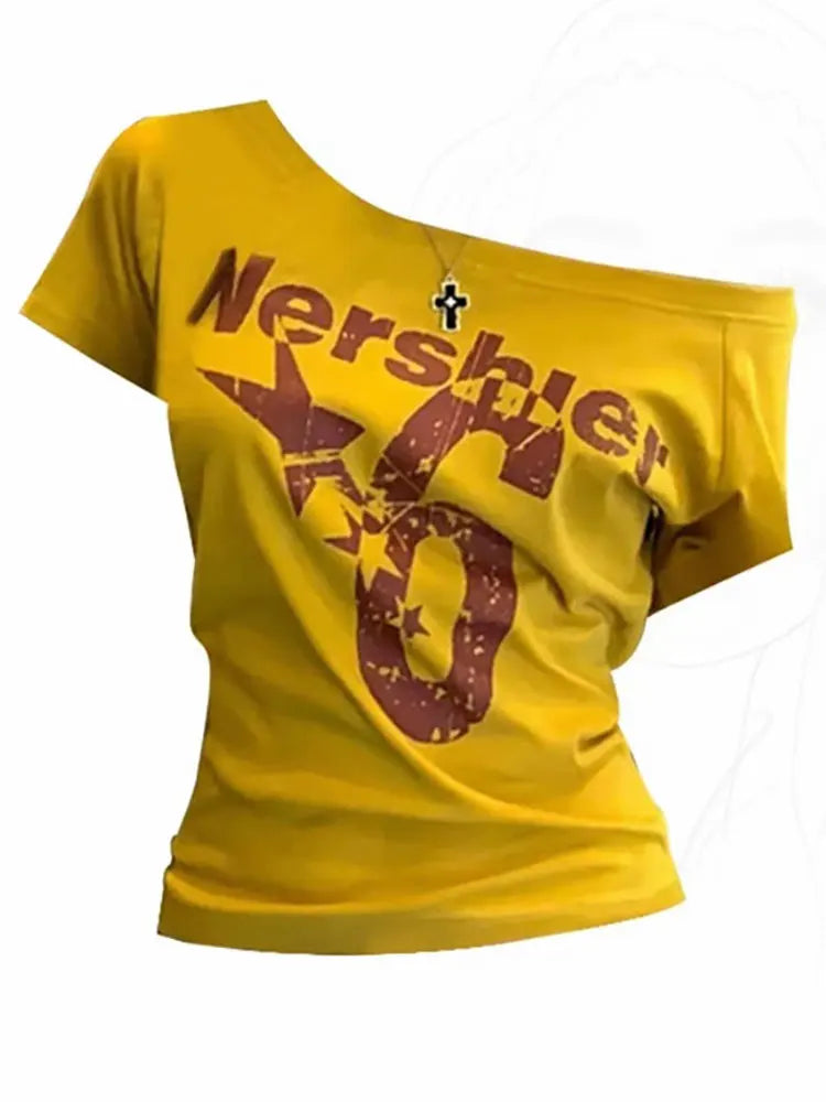 Summer Y2k Sport Off Shoulder Top Women Sexy Vintage 2000s Short Sleeve T Shirt Lady Body Basic Crop Top Female Casual - Matrix-studios.com