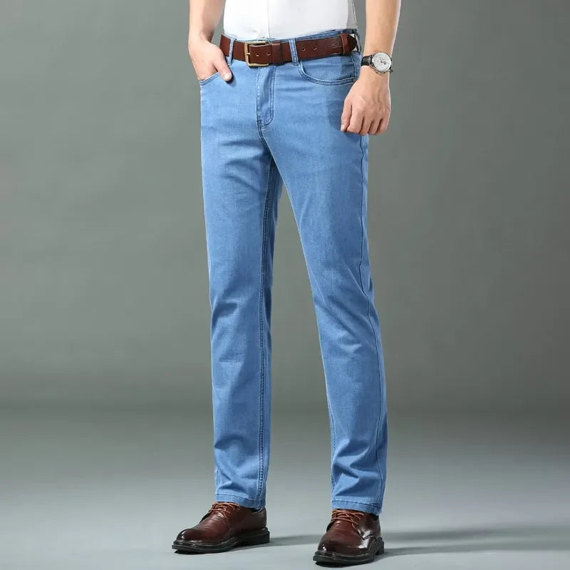 New Ice Silk Thin Denim Jeans For Men Blue Straight Stretch Cotton Pants Business Casual Lightweight Trousers Spring Summer - Matrix Studios