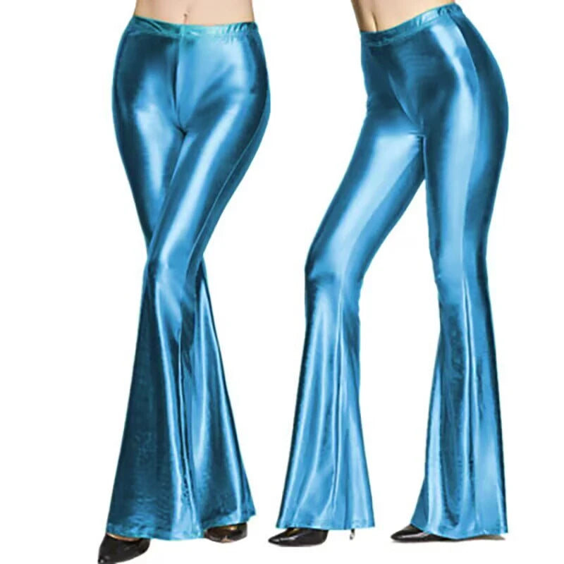 Women Shiny Flare Trousers Metallic Bell Bottoms Ruffle Wide Leg Pants Retro 70s Retro Disco Costume Stage Prom Club Trouser