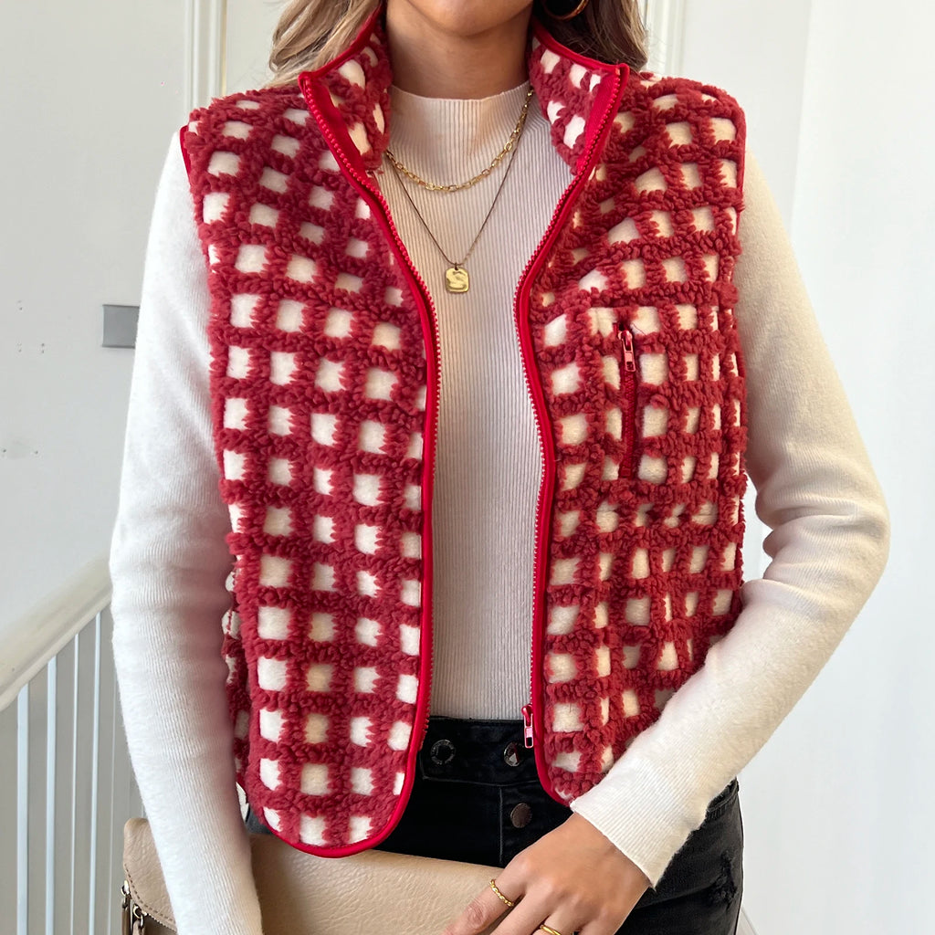 Women’s Fuzzy Checkered Vest Sleeveless Stand Collar Zip Up Vest Jacket Loose Spring Fall Warm Outwear - Matrix Studios
