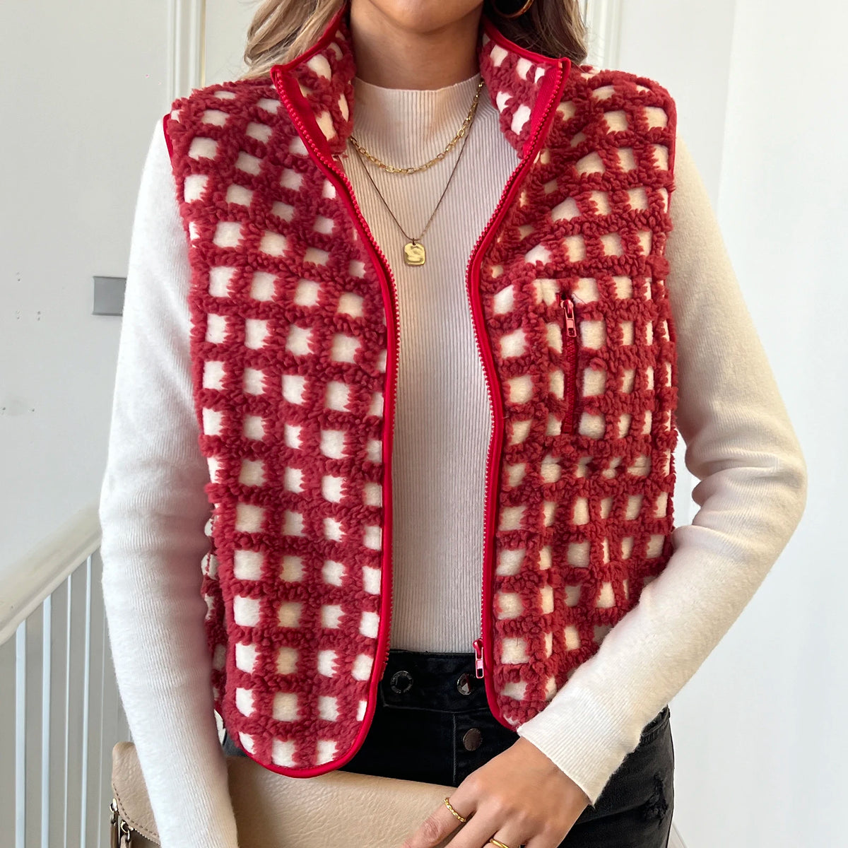 Women’s Fuzzy Checkered Vest Sleeveless Stand Collar Zip Up Vest Jacket Loose Spring Fall Warm Outwear - Matrix Studios