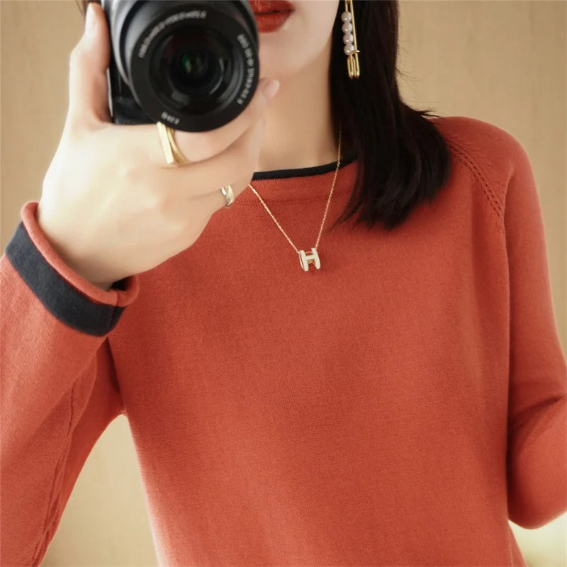 100% Cotton Knitwear Women's Round Neck Sweater Spring And Summer New Loose Color Matching Cotton And Linen Bottoming Shirt - Matrix Studios