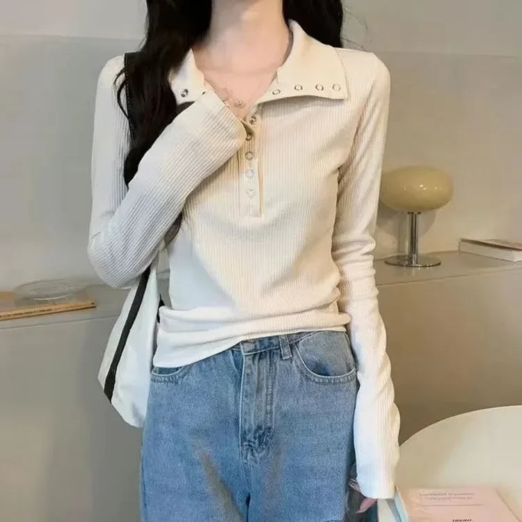 Y2K High Street Women Sweaters New Gray White Button Up Bottoming Pullover Woman Slim Fit Long Sleeve Knitted T-Shirt - Matrix Studios