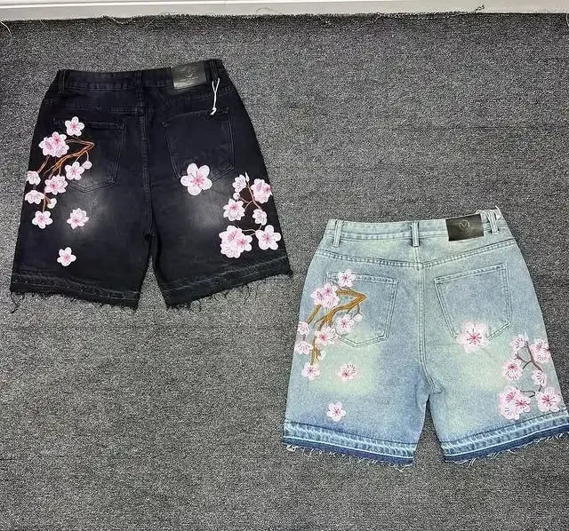 Y2k Cherry Blossom Embroidered Denim Shorts Mens Womens Gothic Harajuku Retro Loose Casual Denim Shorts Fashion Punk Streetwear
