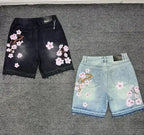 Y2k Cherry Blossom Embroidered Denim Shorts Mens Womens Gothic Harajuku Retro Loose Casual Denim Shorts Fashion Punk Streetwear