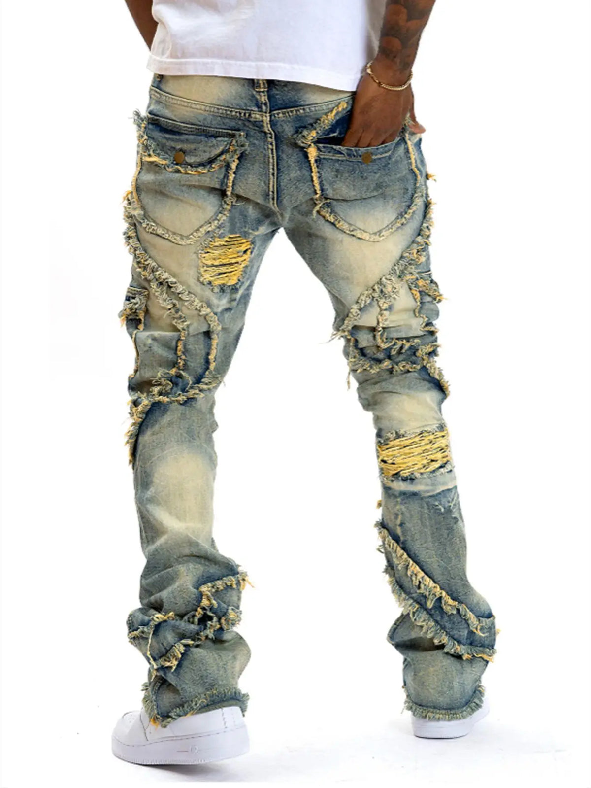 2025 New European and American men's casual jeans, street punk fashion, retro, ripped hole, slightly flared tassel elastic jeans - Matrix Studios