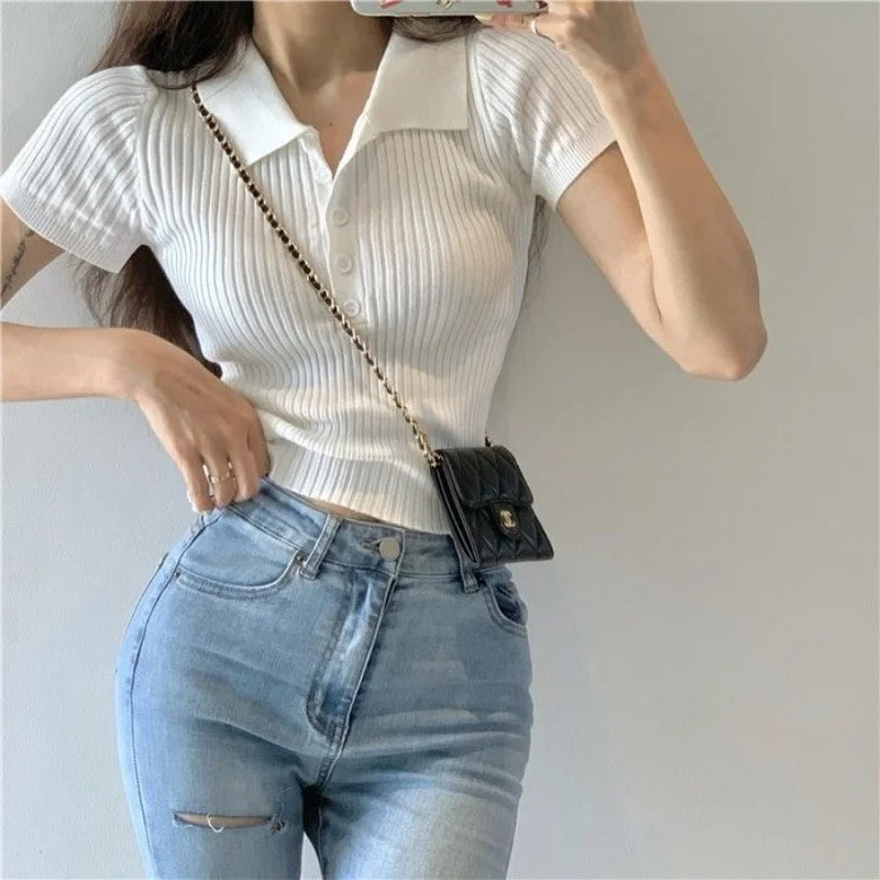 New Polo Women TShirt Ribbed Knitted Sexy Tops Summer Basic Shirts Skinny Slim Casual Short Sleeve Vest Women's Top White Black - Matrix-studios.com