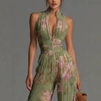 Women Elegant Chiffon Sleeveless Jumpsuit High Waist Pleated Flowy Wide Leg One Piece Overalls Holiday Casual Streetwear Rompers - Matrix Studios