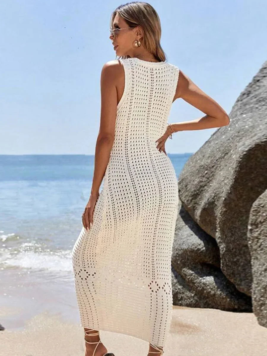 S - XL 2025 V Neck Hollow Out Crochet Knitted Tunic Beach Cover Up Long Cover-ups Beach Dress Beach Wear Beachwear Female Women - Matrix Studios