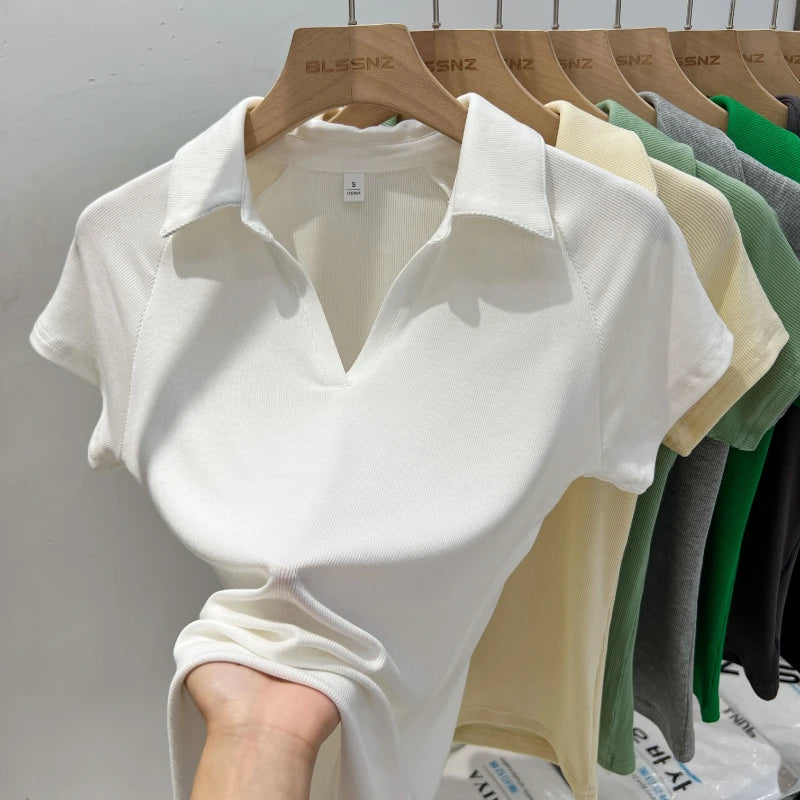 Niche Design Slim Fit Short Sleeve Women T-Shirt 2026 Summer New Arrival V-Neck Polo Shirt Unique Elegant Top Korean Solid Tee - Matrix-studios.com
