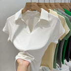 Niche Design Slim Fit Short Sleeve Women T-Shirt 2026 Summer New Arrival V-Neck Polo Shirt Unique Elegant Top Korean Solid Tee - Matrix-studios.com
