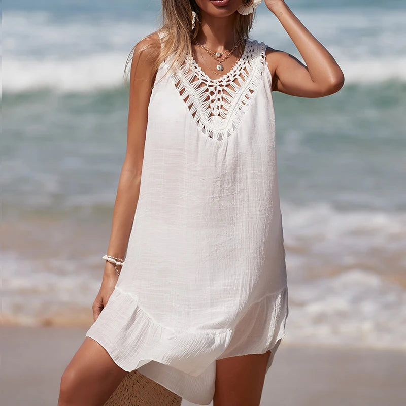 Women V-Neck Backless Hollow Out Short Dress Crochet Splicing Wooden Ear Dress With Colored Balls Beach Swimsuit Cover Up - Matrix Studios