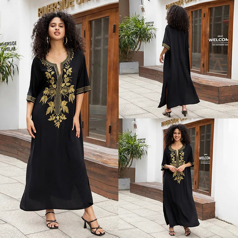 Swimsuit Cover Ups Embroidery V Neck Short Sleeve Swim Cover Up for Women Kaftan Dresses - Matrix Studios