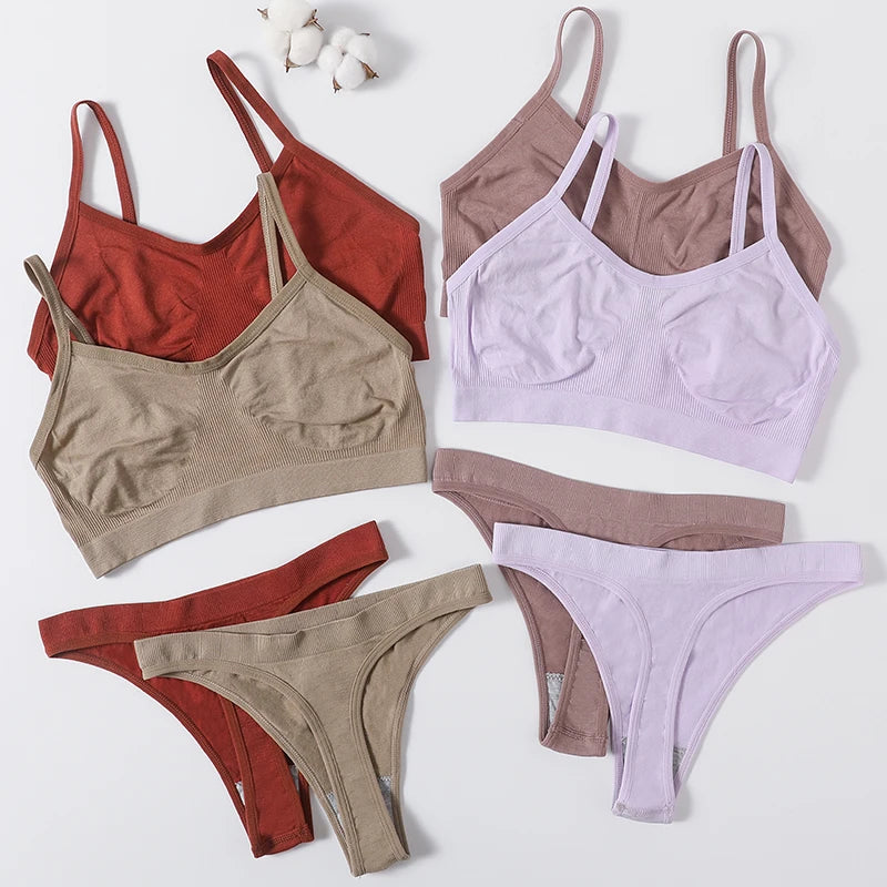 Women Seamless Bra And Panties Set Wire Free Bralette High Leg Cut Thongs Comfort Ribbed Unlined Underwear Sexy Lingerie Set - Matrix-studios.com