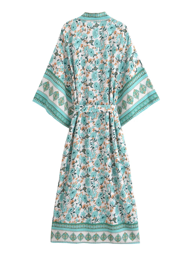 Vintage Chic Women Yellow Floral Print Beach Bohemian Kimono Ladies V Neck Batwing Sleeves Maxi Robe Boho Bikini Cover-ups - Matrix Studios